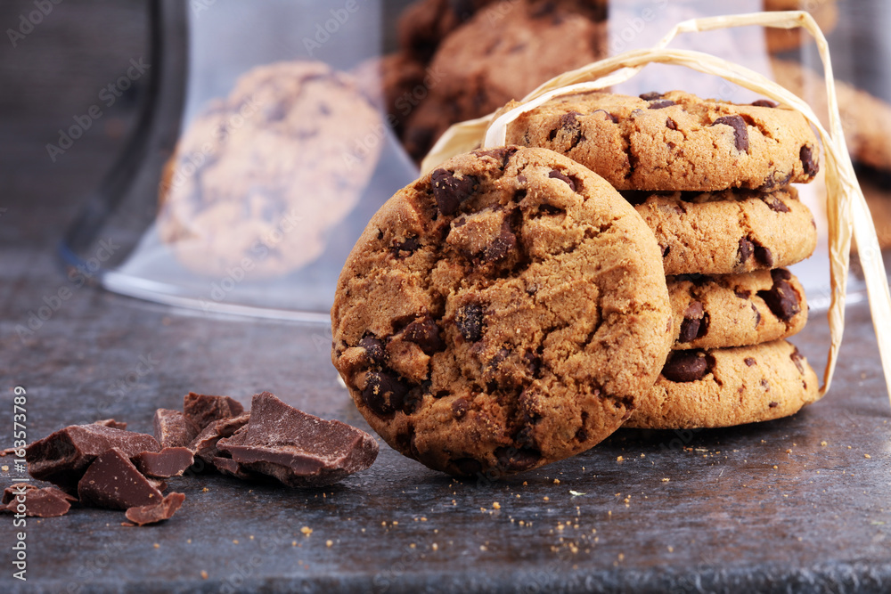 Fototapeta premium Chocolate cookies on white background. Chocolate chip cookies shot