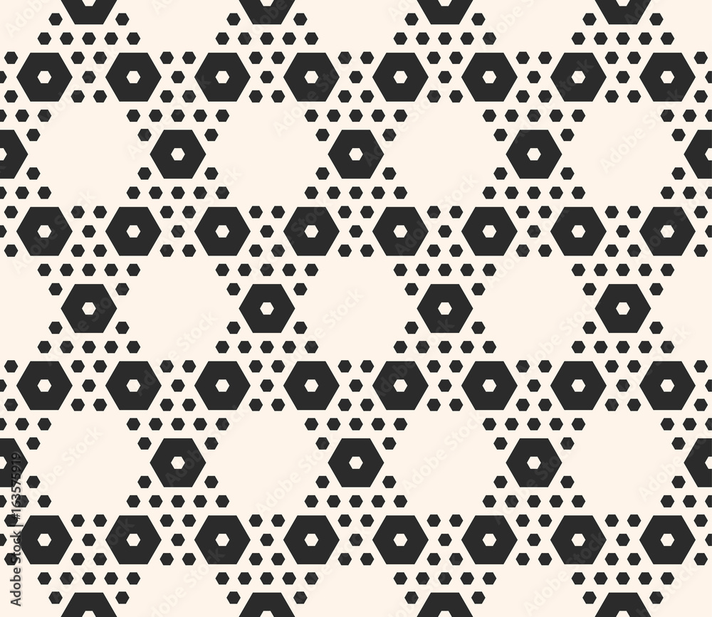 Vector monochrome texture, simple geometric black & beige seamless pattern with different sized hexagons. Repeat abstract modern background. Design for textile, decor, print, textile, cover, tiling Vector monochrome texture, simple geometric black & beige seamless pattern with different sized hexagons. Repeat abstract modern background. Design for textile, decor, print, textile, cover, tiling