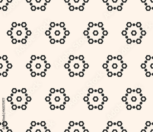Vector monochrome seamless pattern  subtle minimalist texture with simple geometrical shapes  hexagons  geometric linear snowflakes. Abstract repeat background. Design element for prints  decor  cloth