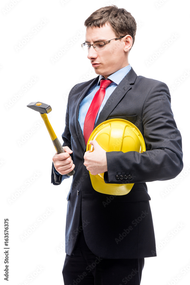 Boss with a hammer and helmet on a white background