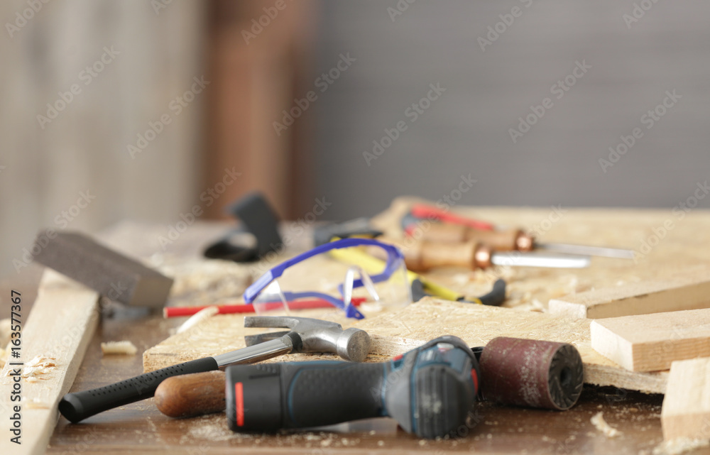 Table with tools in carpenter's workshop Table with tools in carpenter's workshop