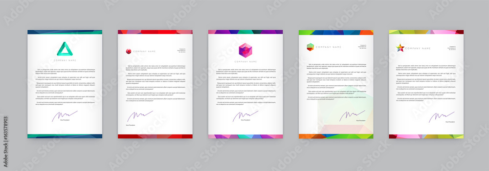 Set of Visual identity with letter logo elements polygonal style Letterhead and geometric triangular design style brochure cover template mockups for business with Fictitious names Set of Visual identity with letter logo elements polygonal style Letterhead and geometric triangular design style brochure cover template mockups for business with Fictitious names