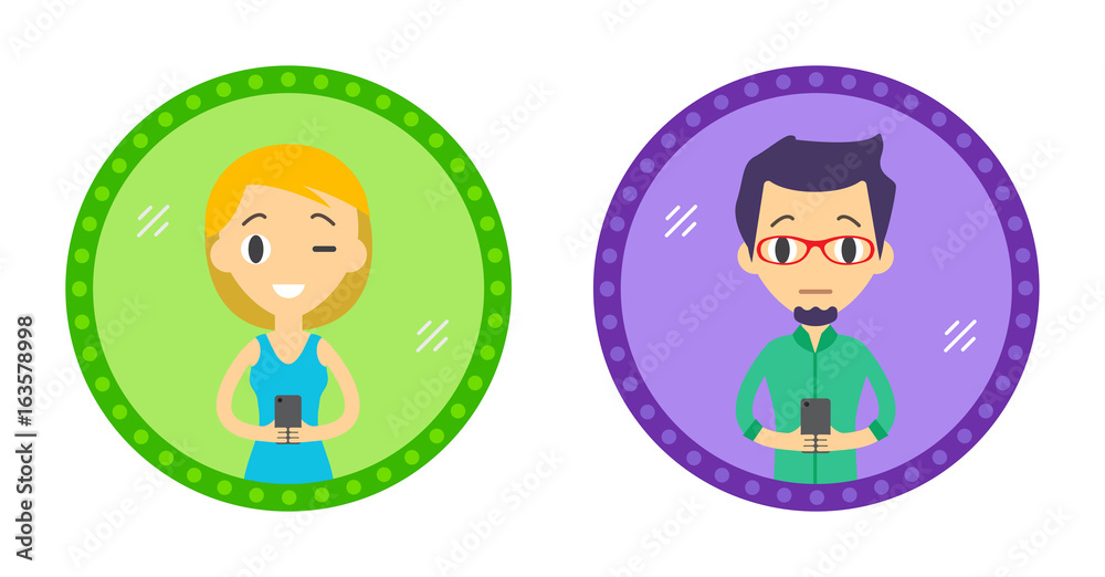 Set of Two Hipster style character take a selfie in the mirror with Smartphone. Vector flat design illustration in the circle isolated on background. Man and Woman.