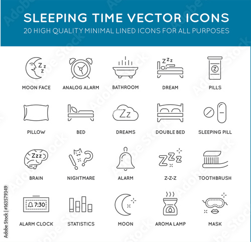 Set of Minimal Sleep Time Vector Line Icons. Perfect Pixel. Thin Stroke.