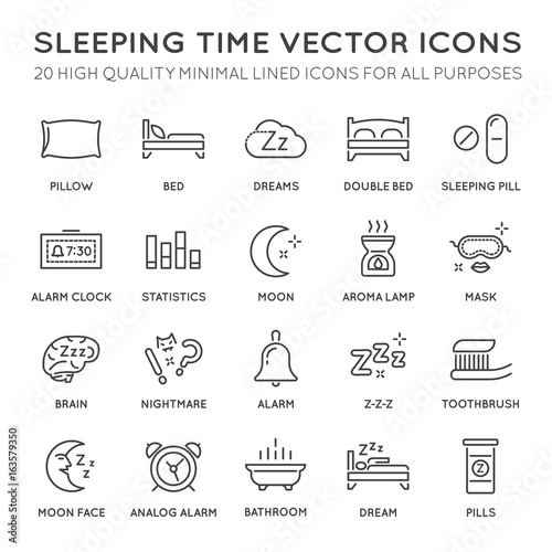 Set of Minimal Sleep Time Vector Line Icons. Perfect Pixel. Thin Stroke.