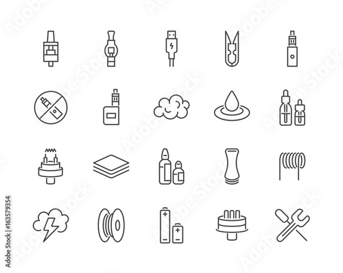 Set of Minimal Vape Vaping Culture Vector Line Icons. Perfect Pixel. Thin Stroke. 48x48.