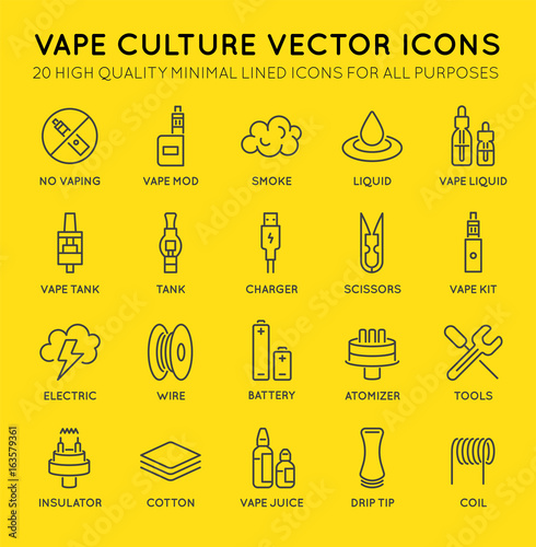 Set of Minimal Vape Vaping Culture Vector Line Icons. Perfect Pixel. Thin Stroke. 48x48.