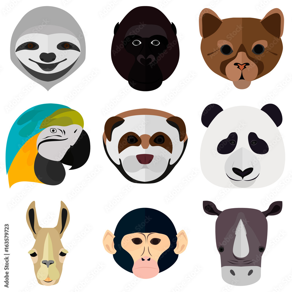 Obraz premium Set of animals muzzle color flat icons for web and mobile design