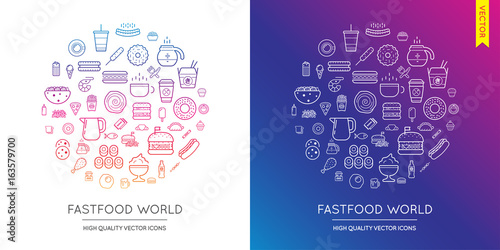 Vector Set of Fast Food Modern Flat Thin Icons Inscribed in Round Shape