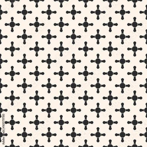 Vector seamless pattern, abstract geometric background with simple geometrical shapes, rounded crosses, circles, staggered grid. Monochrome endless texture, repeat tiles. Dark modern design element 