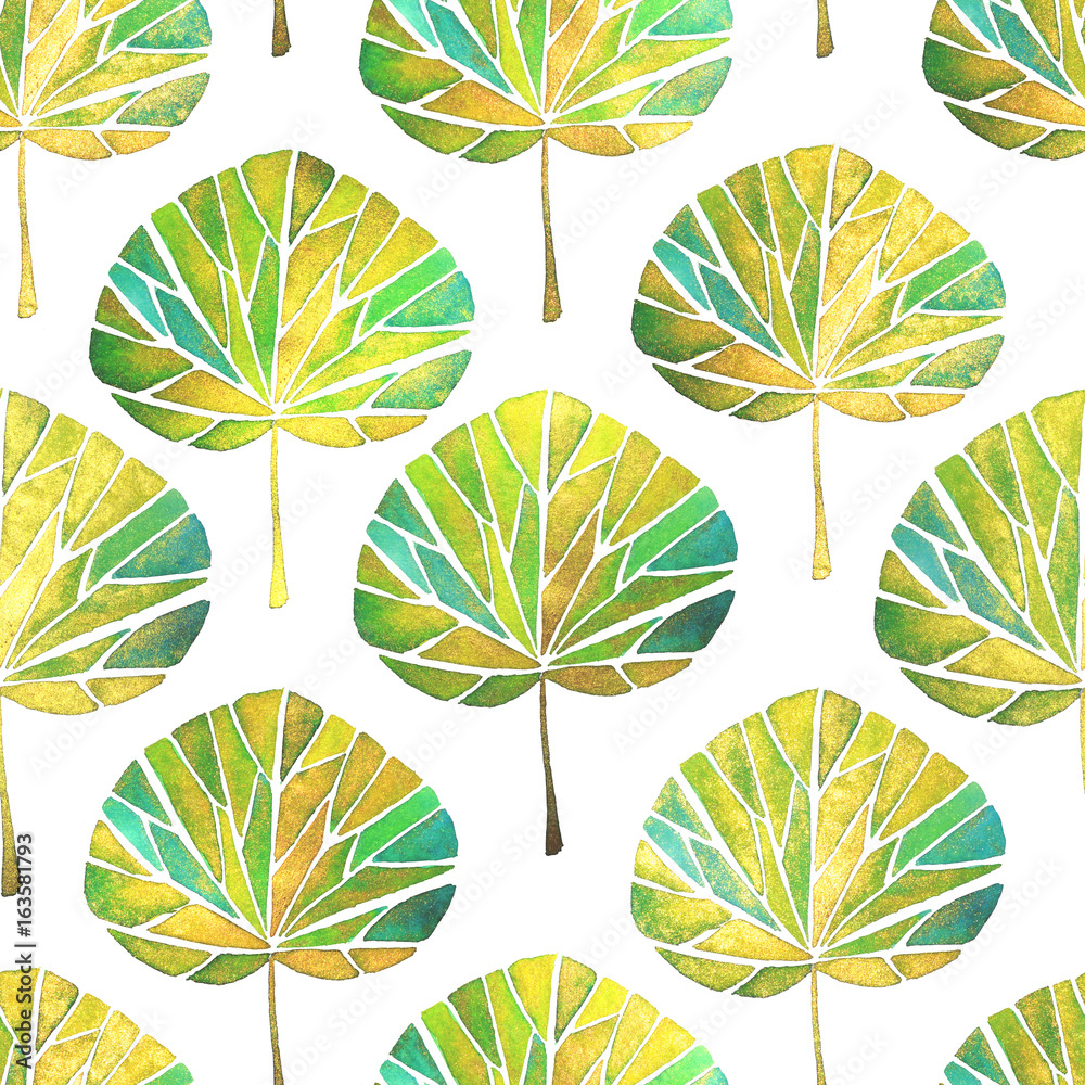 Obraz Seamless pattern with beautiful pearl tropical leaves on white background. Watercolor painting