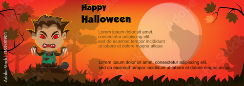 Vector illustration for Halloween. Cartoon character is a werewolf. In the forest the moon vol howls at the moon. Trees, autumn, silhouette.