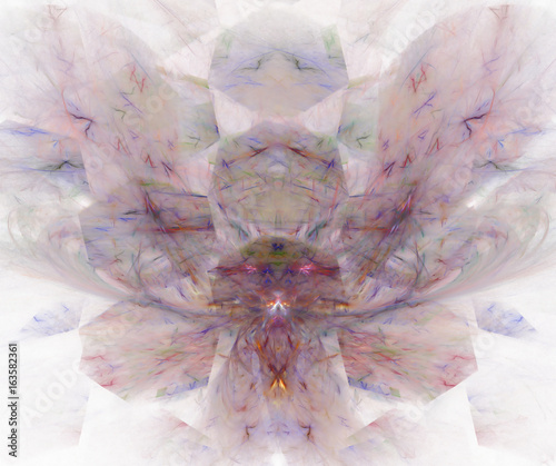 White abstract background with hexagonal orchid petals texture. Purple symmetrical fractal flower shaped pattern.