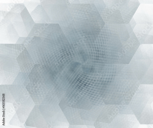 White abstract background with hexagonal cells fractal texture. Grey honeycombs structure with dotted swirl in the center pattern.