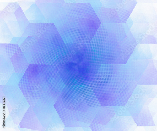 White abstract background with hexagonal cells fractal texture. Blue honeycombs structure with dotted swirl in the center pattern.