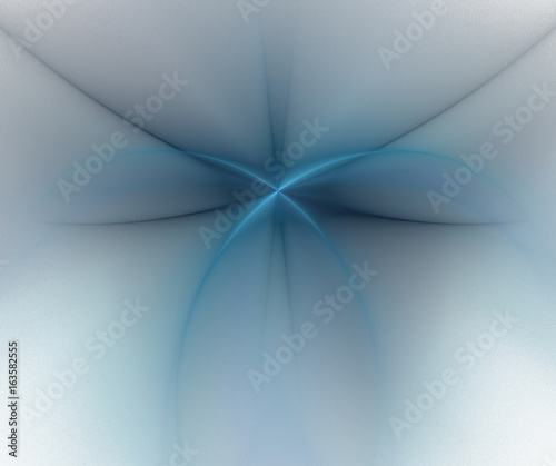 White abstract background with blurred turquoise star texture. Blue symmetrical fractal butterfly shaped pattern, centered.