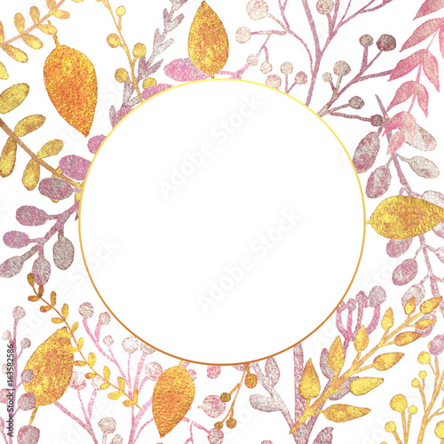 Background with pearl golden and pink branches and leaves. Frame, greeting, invitation card, cover of notebook