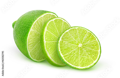 Isolated lime. Half of lime fruit and two slices isolated on white background with clipping path