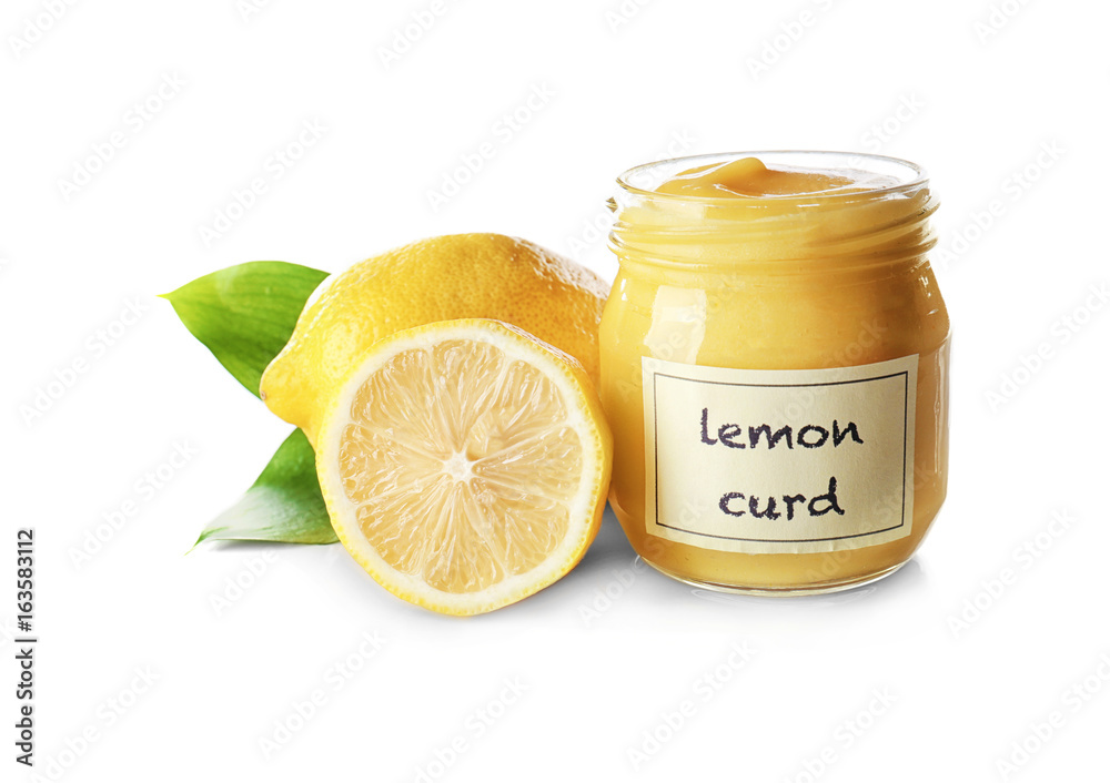 Glass jar with yummy lemon curd on white background Glass jar with yummy lemon curd on white background