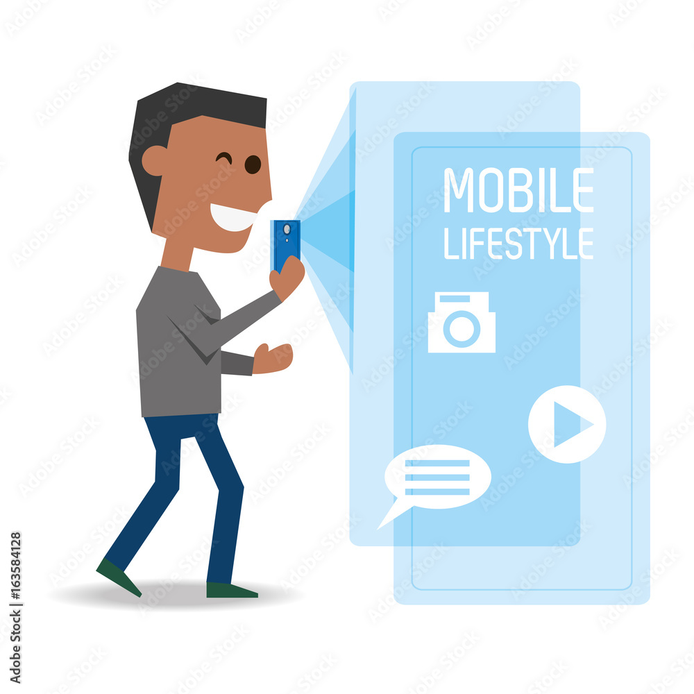 Fototapeta premium man with smartphone in the hand and technological apps vector illustration