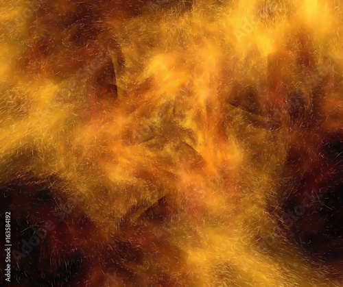 Black abstract background with fire sparks texture. Exploding yellow and orange cloud of flames and sparkles - fractal pattern.