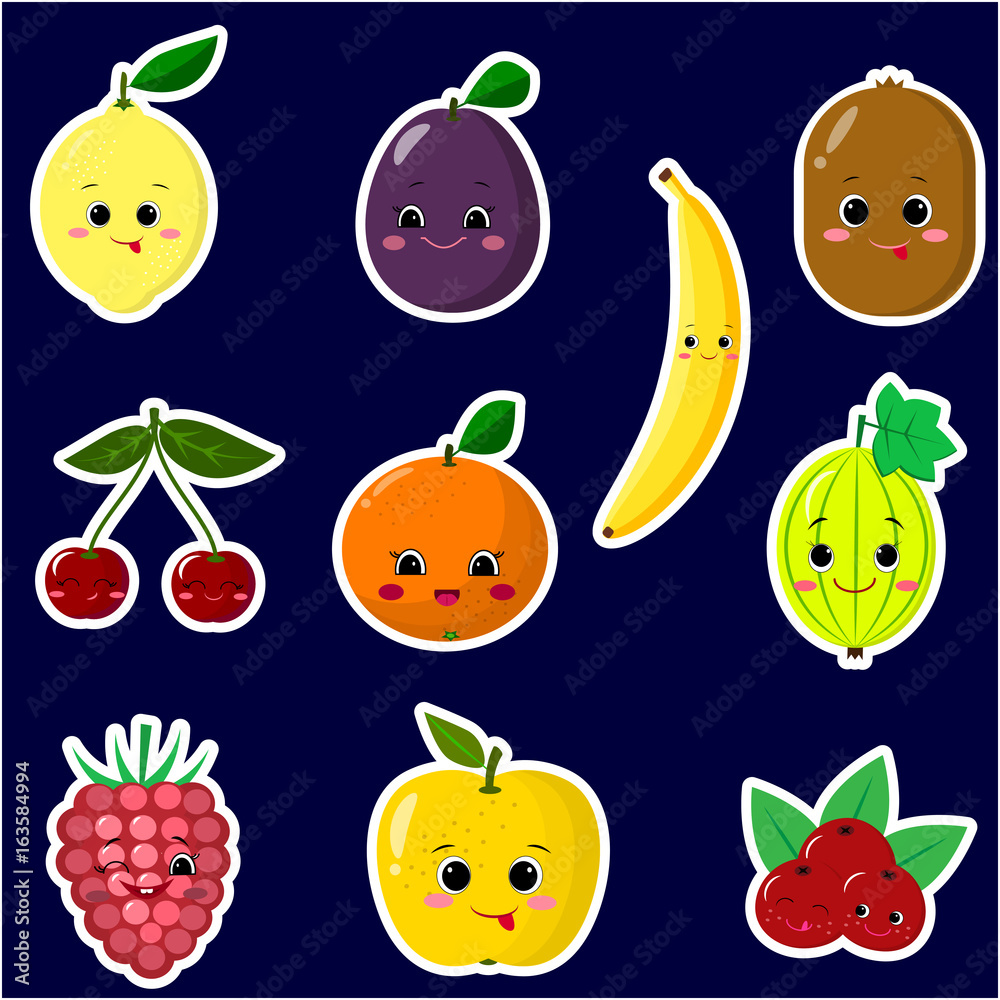 Icons stickers of different fruit smiles with a white outline, collected in a set on a dark background. Icons stickers of different fruit smiles with a white outline, collected in a set on a dark background.