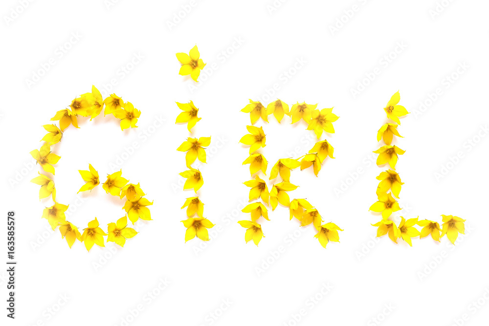 Word GIRL written with yellow flowers isolated on white