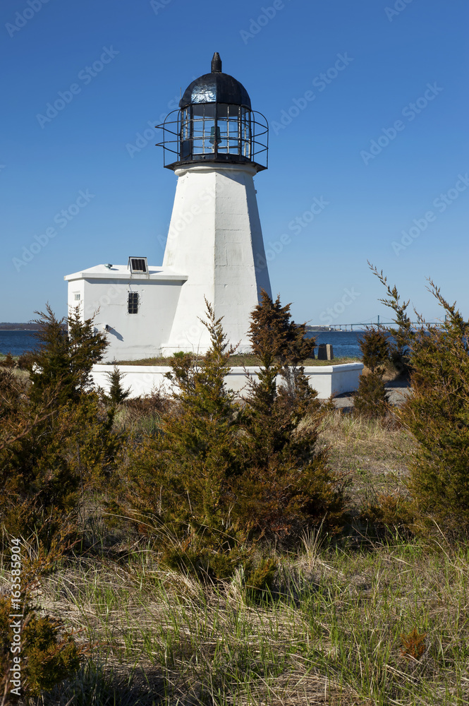 Prudence Island lighthouse on a sunny day in Rhode island.