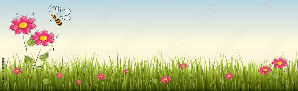 Naklejka Świeża realistyczna zielona trawa z czerwonymi kwiatami - wektorowa ilustracja