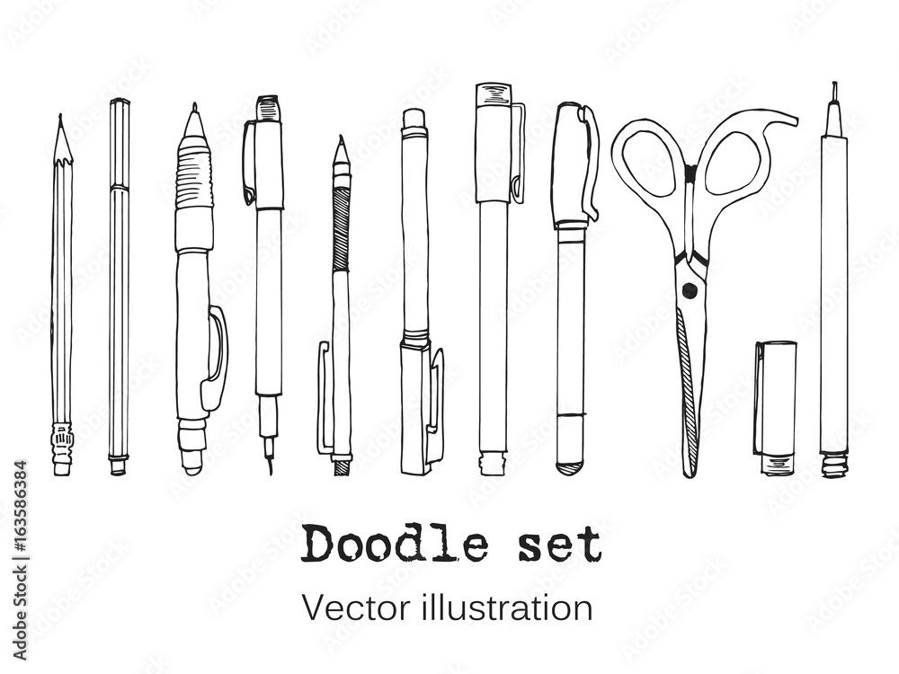 Isolated set of stationery hand drawn in cartoon style. Sketch of writing items. Doodle writing supplies, pen, pencil, scissors Cool design elements for infographic, web design, background. School Isolated set of stationery hand drawn in cartoon style. Sketch of writing items. Doodle writing supplies, pen, pencil, scissors Cool design elements for infographic, web design, background. School