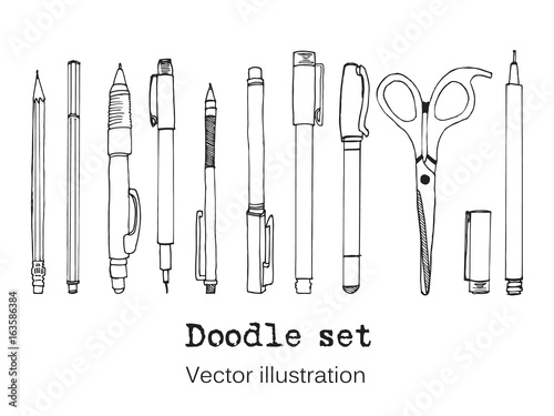 Isolated set of stationery hand drawn in cartoon style. Sketch of writing items. Doodle writing supplies, pen, pencil, scissors Cool design elements for infographic, web design, background. School