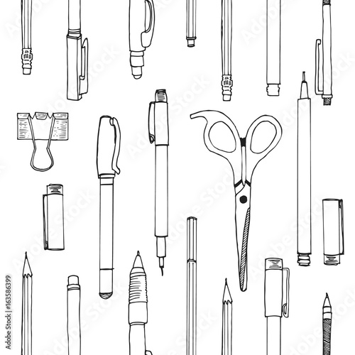 SEAMLESS PATTERN of hand drawn stationery in cartoon style. Sketch