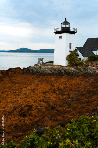 Maine Island lighthouse surrounded by seaweed during low tide, illuminated by sun peeking through clouds. photo