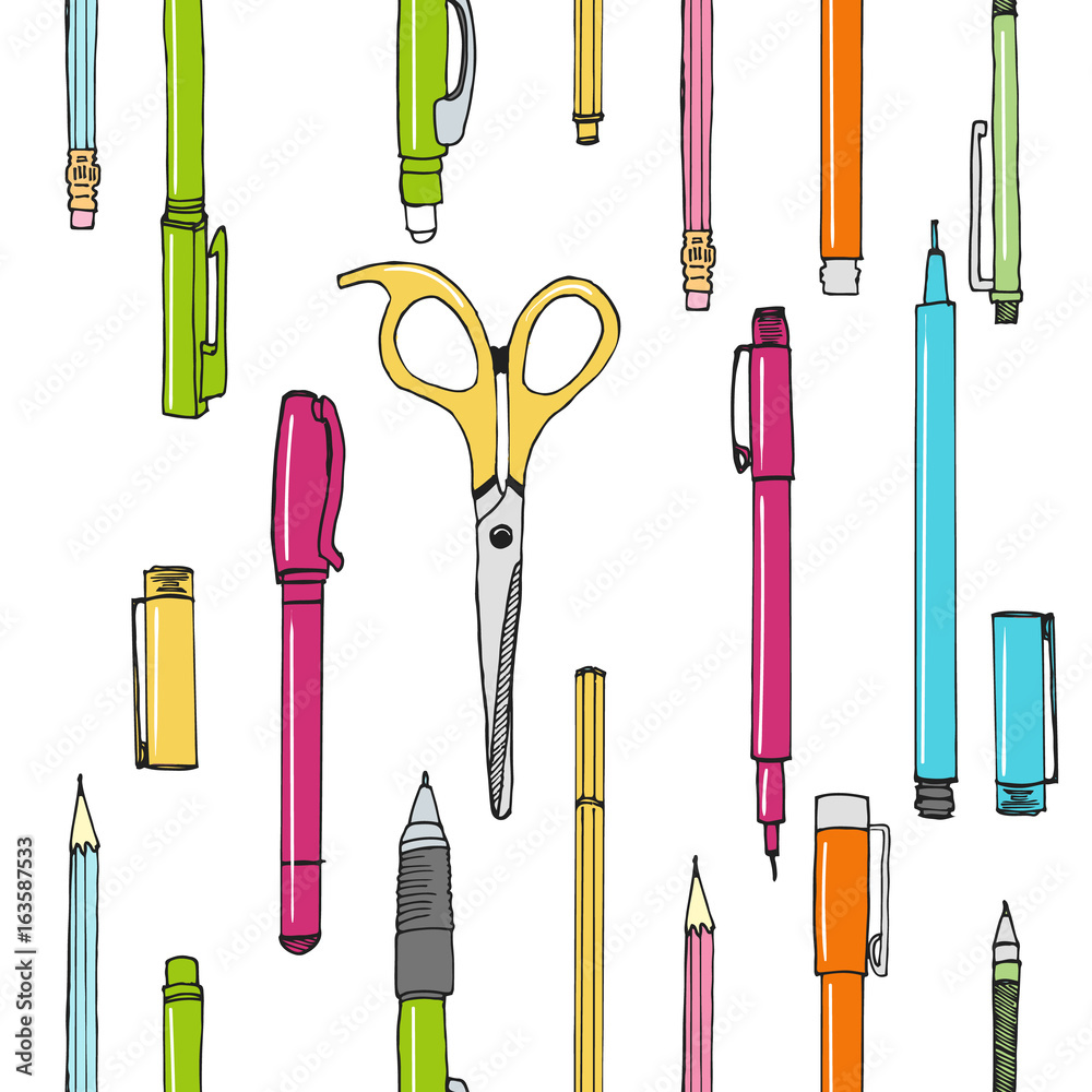 SEAMLESS PATTERN of hand drawn stationery in cartoon style. Sketch