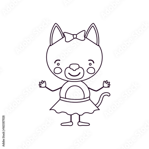 sketch contour caricature of cute expression female cat in skirt with bow lace vector illustration