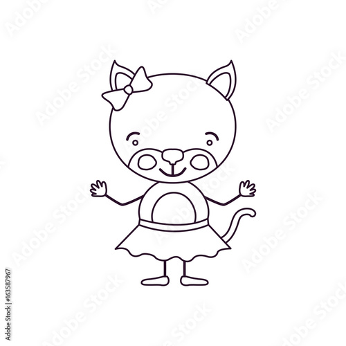 sketch contour caricature of cute expression female kitten in skirt with bow lace vector illustration
