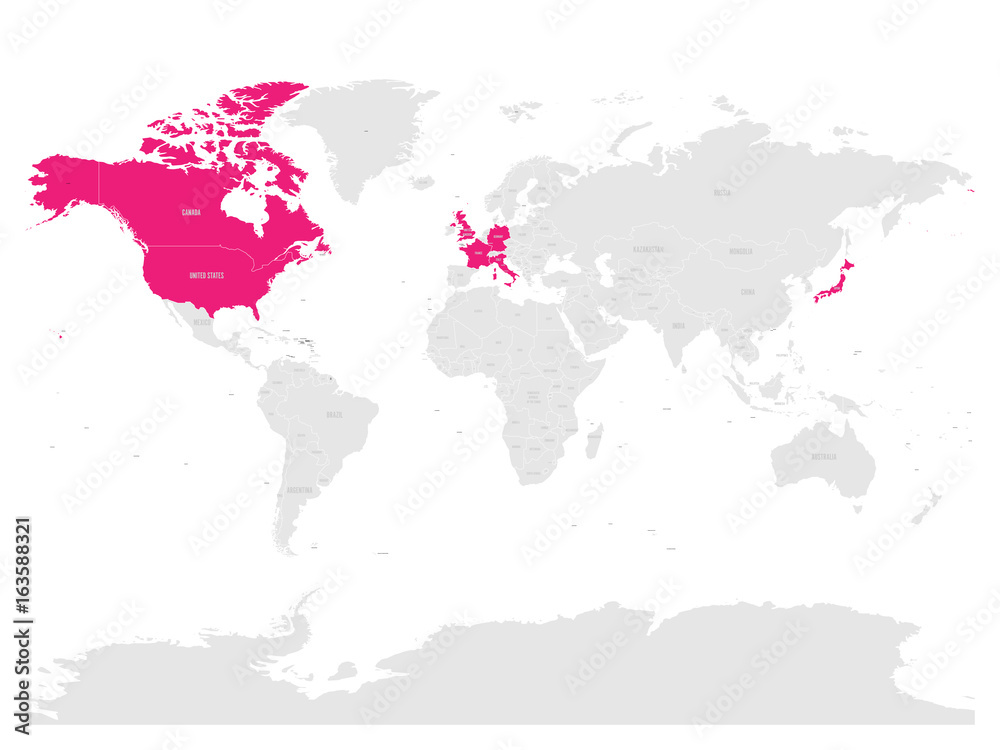 Group of Seven countries, G7, highlighted in the World map. Vector illustration.