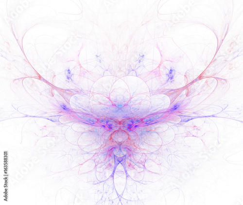 White abstract background with neon circle petals texture. Purple symmetrical fractal flower shaped pattern.