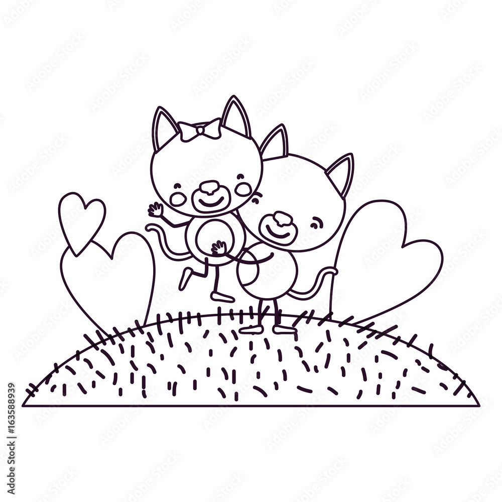 Fototapeta premium sketch contour scene sky landscape and grass with caricature couple of kittens one carrying the other vector illustration