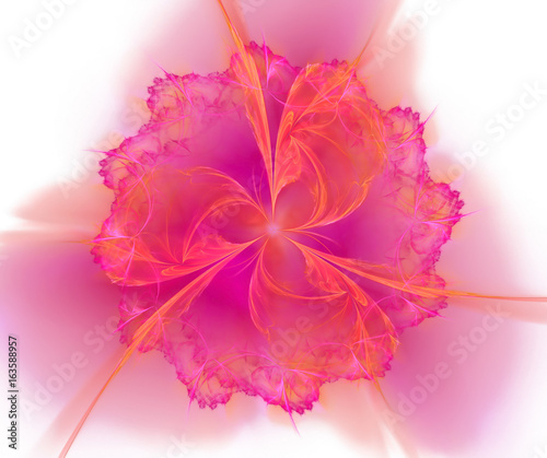 White, pink and orange abstract background with fractal flower texture. Symmetrical floral centered pattern