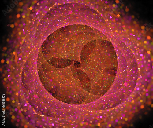 Abstract black background with pink and red sparkles texture. Round hole in neon glitter space with shutter, fractal pattern.