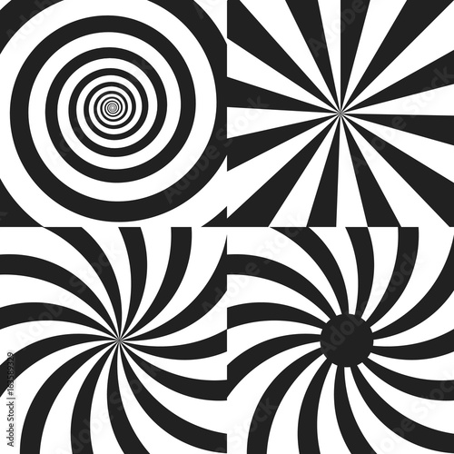Set of Psychedelic spiral with radial rays  twirl  twisted comic effect  vortex backgrounds. Vector illustration. Design elements.
