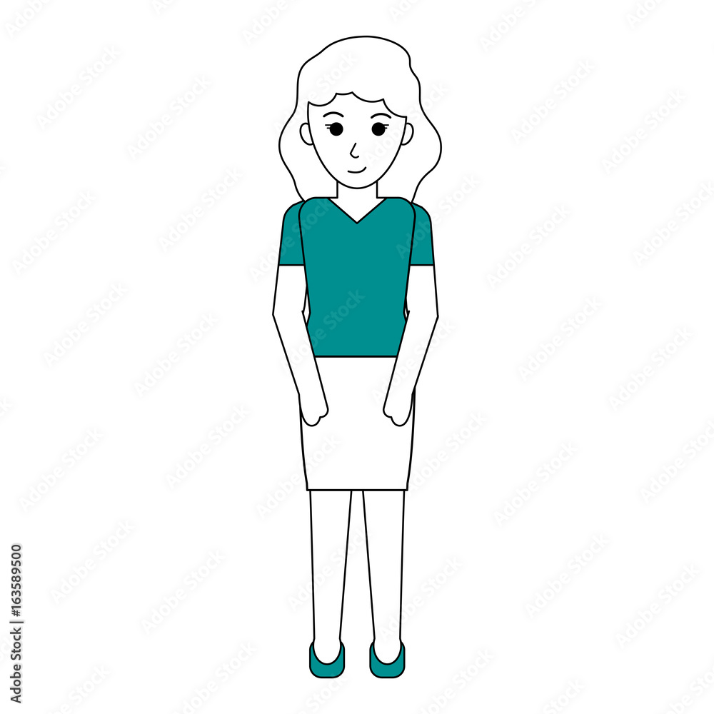 Flat line standing woman with clothing and a hint of color over white background Flat line standing woman with clothing and a hint of color over white background