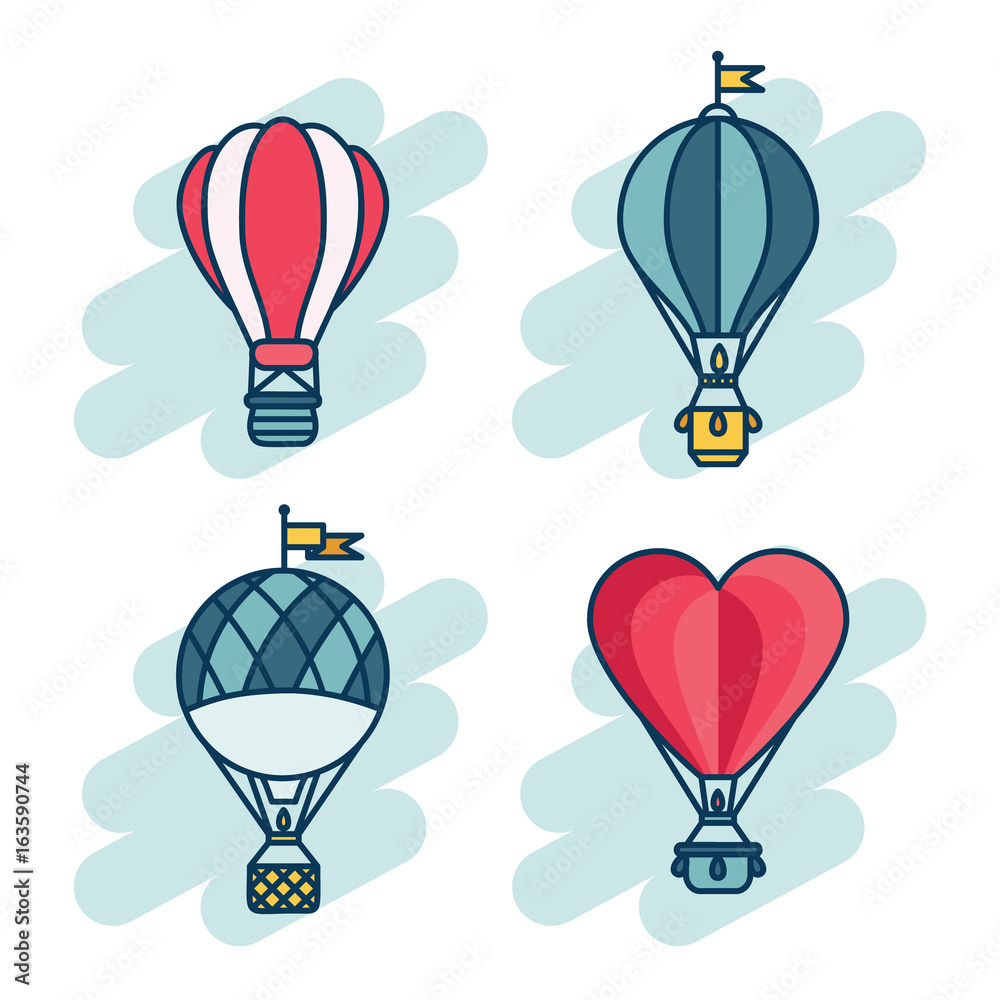 Hot air balloon colorful line icon set. Outline vector illustration