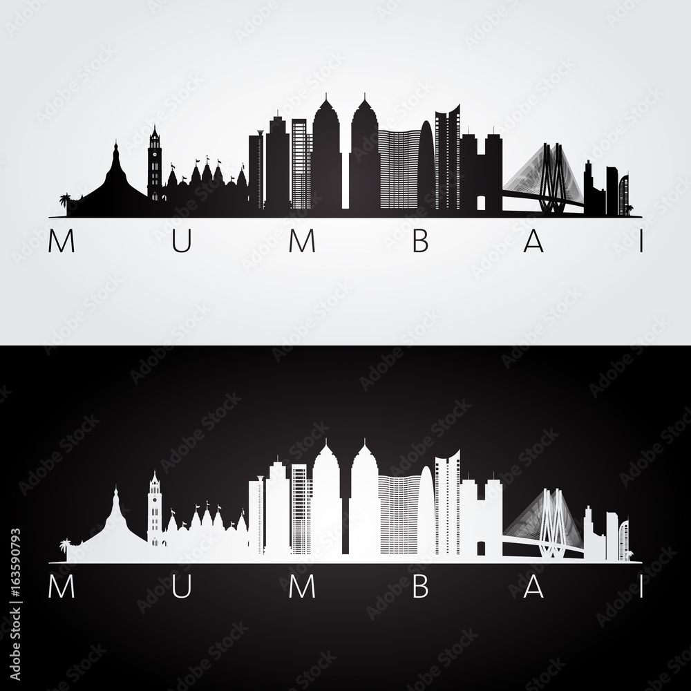 Mumbai skyline and landmarks silhouette, black and white design, vector illustration.