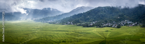 Panorama of spider web rice field in Ruteng.