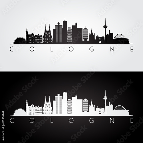 Cologne skyline and landmarks silhouette, black and white design, vector illustration.