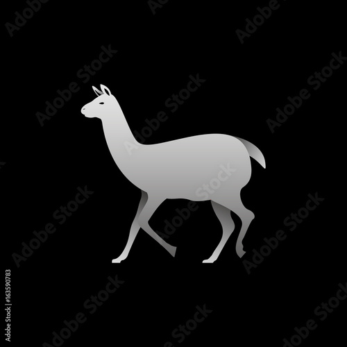 Silhouette of a gray lama standing. Lama side view profile.