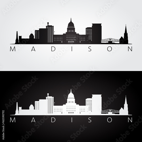 Madison USA skyline and landmarks silhouette, black and white design, vector illustration. photo