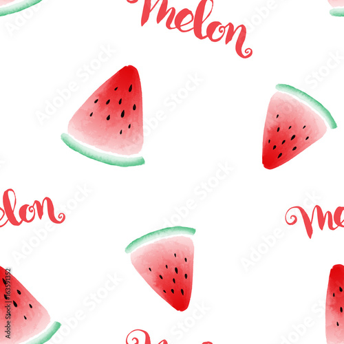 Cute seamless pattern with editable watercolor styled watermelon slices and melon lettering on white background. Vector illustration.